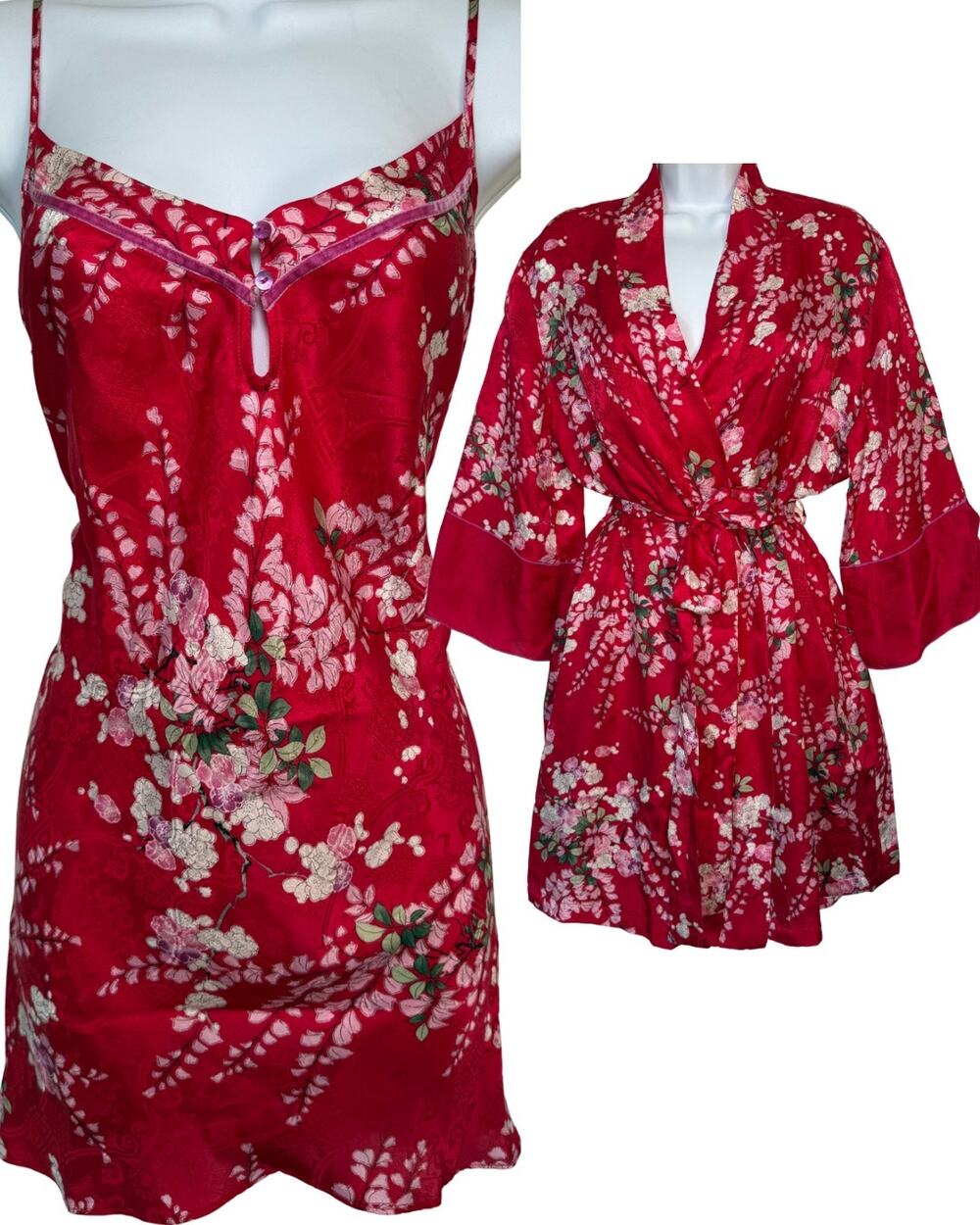 Vintage Red Cherry Blossom Nightgown Kimono Robe Silk Set Womens Sz M Medium Y2K